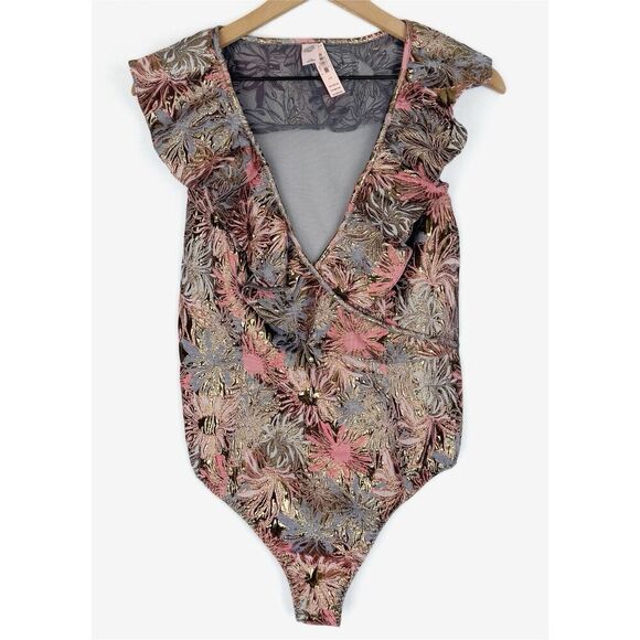 Victorias Secret Bodysuit Womens Large Pink Metallic Sheer Brocade Coquette NEW - Picture 2 of 16